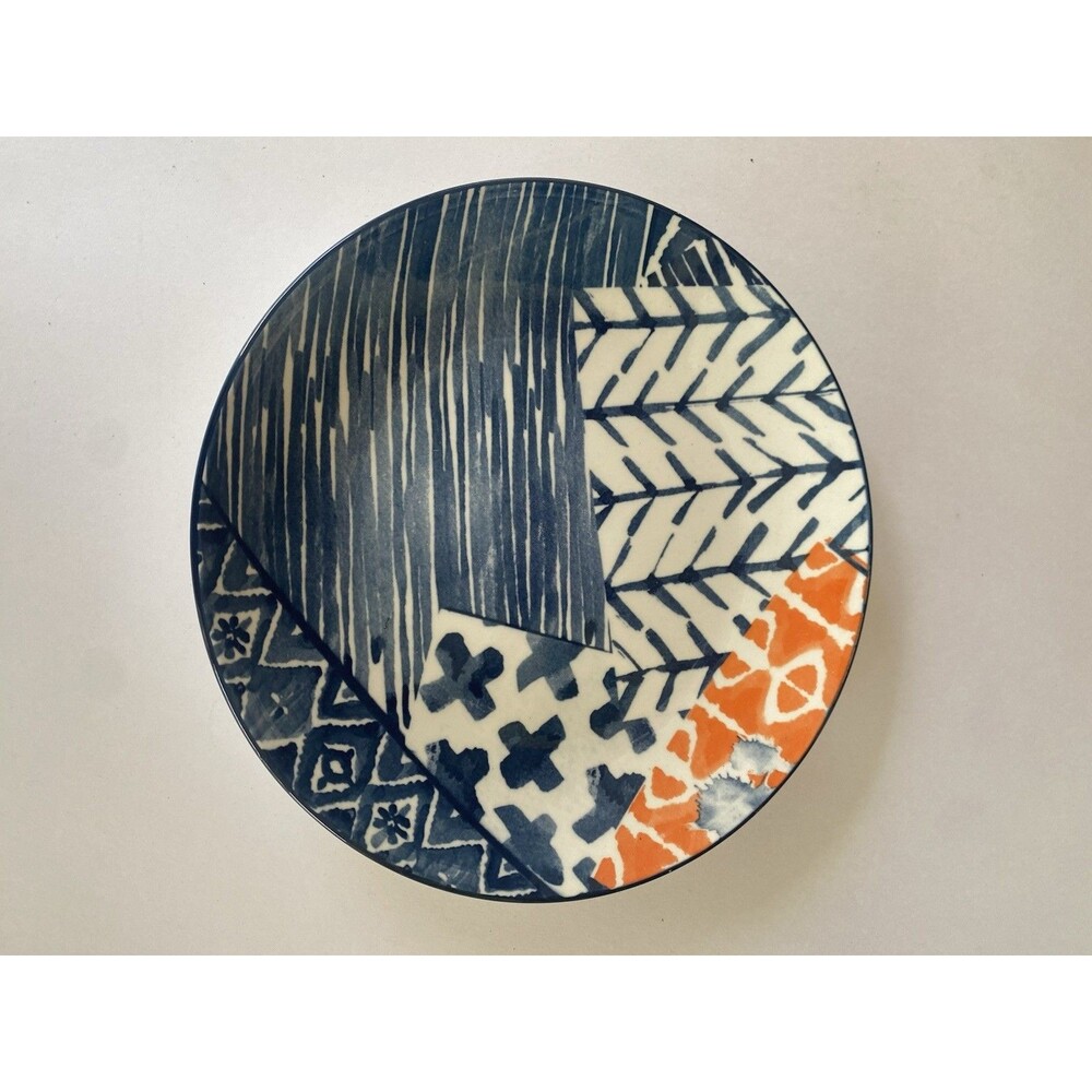 Indigo Orange Patchwork Plates Salad Ceramic Boho Style Dinnerware Lot Of 6